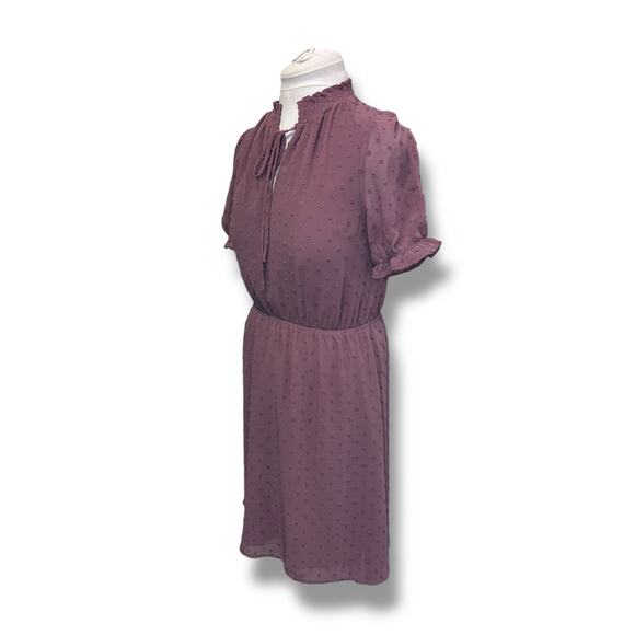 Monteau Women’s Short Sleeve Swiss Dot Tie Neck Mini Dress, Mauve, size M - Picture 2 of 9